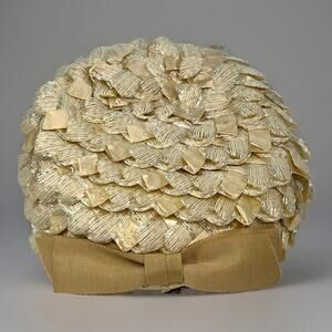 Vintage Women's Pillbox Hat Cream Raffia Straw Lt Brown Ribbon Valerie Modes 22”